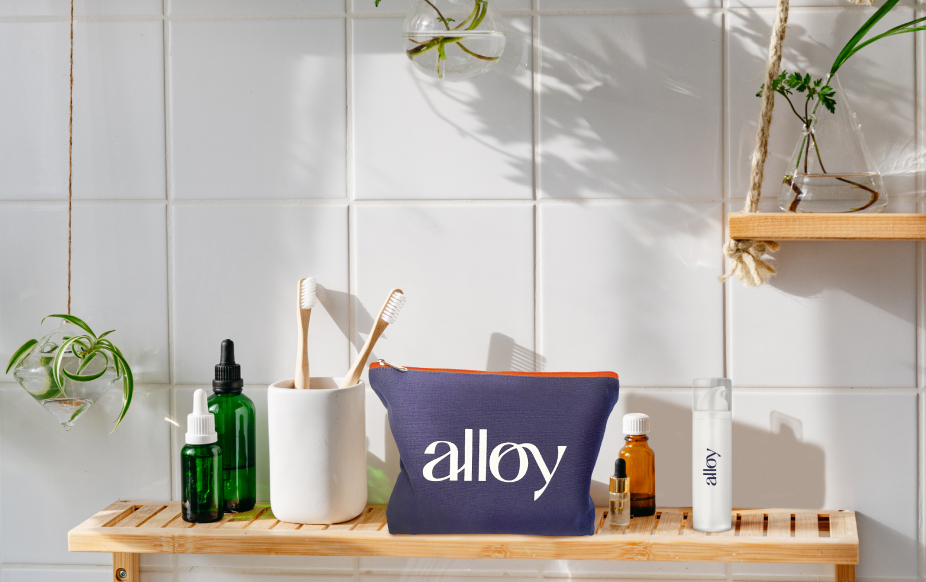 Alloy branded bag on a bathroom shelf